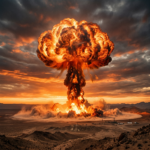 Mushroom cloud rising over a barren desert landscape