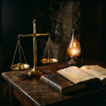 Brass balance scale beside an oil lamp and open illuminated book