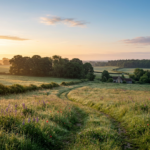 Winding path through a wildflower meadow toward a countryside cottage