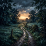 Muddy country path winding through trees and fields at sunset