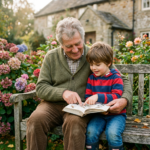 Grandfather and grandson reading an illustrated book together on a garden bench