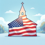 Church wrapped in American flag with text Faith and Freedom, God Bless America