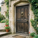 Dark wooden cottage door with lion knocker, ivy, lantern, and potted flowers